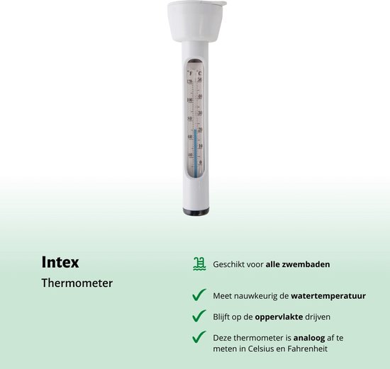 Witte Intex thermometer, 24 cm lang, meet watertemperatuur in Celsius en Fahrenheit.