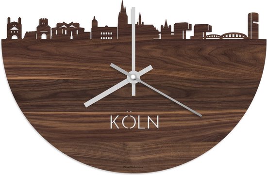 Skyline Klok Köln Notenhout - Ø 40 cm - Stil uurwerk - Wanddecoratie - Meer steden beschikbaar - Woonkamer idee - Woondecoratie - City Art - Steden kunst - Cadeau voor hem - Cadeau voor haar - Jubileum - Trouwerij - Housewarming - WoodWideCities