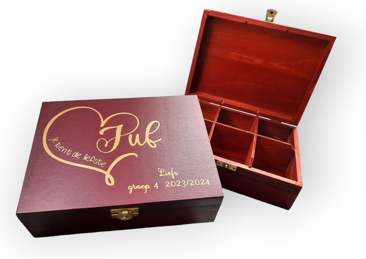 Theedoos persoonlijk juf afscheid persoonlijk cadeautje met namen houten theekist 6vaks rood
