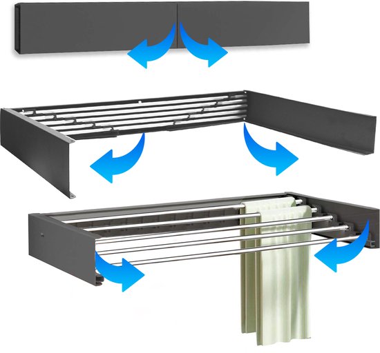 AquilaGoods Wanddroogrek Zwart 80 cm - 4M Drooglengte - Incl. Boormal - Inklapbaar Wasrek - Ophangbaar - Muur