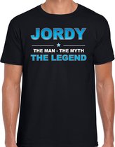 Naam cadeau Jordy - The man, The myth the legend t-shirt  zwart voor heren - Cadeau shirt voor o.a verjaardag/ vaderdag/ pensioen/ geslaagd/ bedankt L