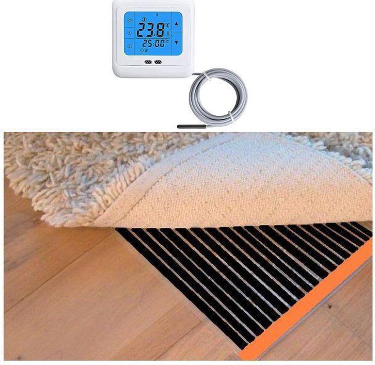 Woonkamer verwarmingsfolie infrarood folie voor vloerbedekking, tapijten vloerkleden elektrisch met TH 89 thermostaat 150 cm x 750 cm 1800 Watt