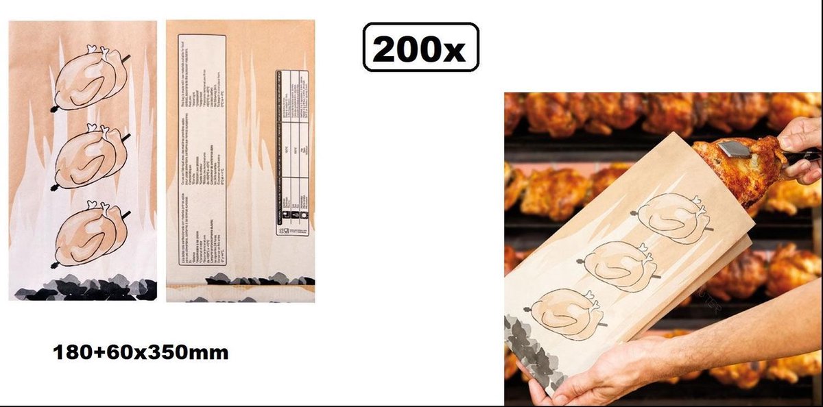 200x Kip gril zak 180+60x350mm - grill kip kluiven eten restaurant kippen - Thema