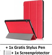 Smart Cover Book Case Hoes Geschikt Voor  Huawei Mediapad T3 10 Inch - Tri-Fold Multi-Stand Flip Sleeve - Front & Back Beschermhoes Met Screen Protector & Stylus Pen - Rood