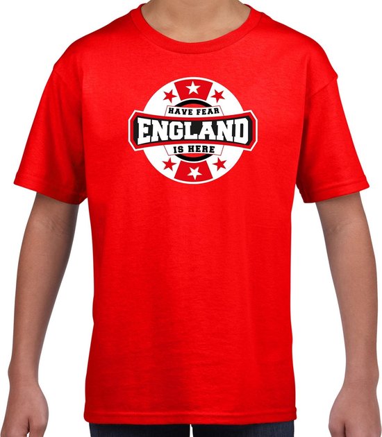 Have fear England is here t-shirt met sterren embleem in de kleuren van de Engelse vlag - rood - kids - Engeland supporter / Engels elftal fan shirt / EK / WK / kleding 110/116