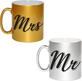 Zilveren Mr and gouden Mrs cadeau mok / beker - 330 ml - keramiek - bruiloft / huwelijk / jubileum â€“ cadeaumokken voor koppels / bruidspaar