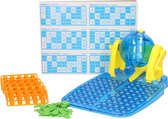 Bingo spel blauw/geel complete set nummers 1-90 met molen, 148x bingokaarten en 2x stiften - Bingospel - Bingo spellen - Bingomolen met bingokaarten en bingostiften - Bingo spelen