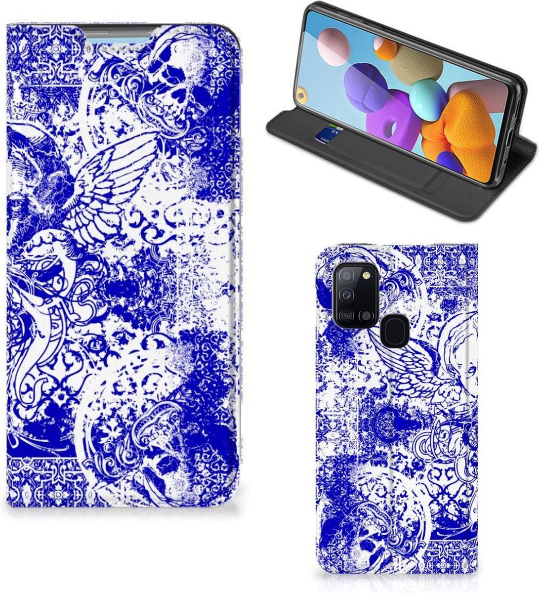 Mobiel BookCase Samsung Galaxy A21s Angel Skull Blauw