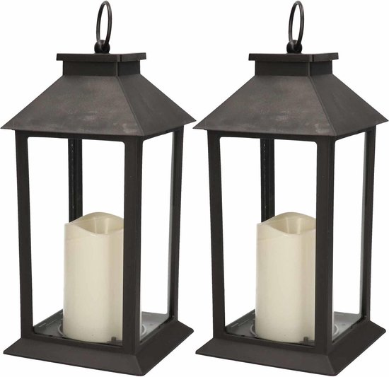 2x Zwarte LED verlichting decoratie lantaarns met kaars 33 cm -  Woondecoratie lantaarn... | bol.com