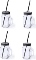 4x stuks Glazen Mason Jar drinkbekers zwarte dop en rietje 500 ml - afsluitbaar/niet lekken/fruit shakes
