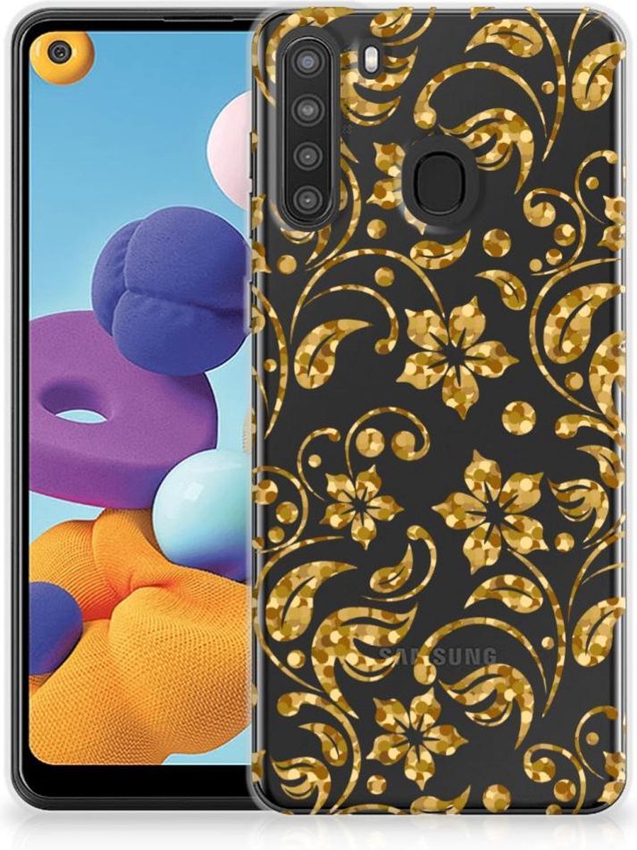 Samsung Galaxy A21 TPU Case Gouden Bloemen