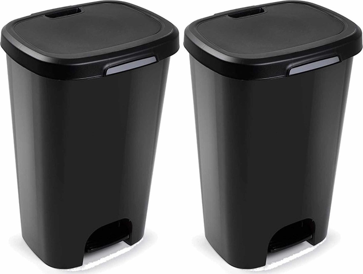 2x Kunststof afvalemmers/vuilnisemmers zwart 50 liter met deksel en pedaal  -... | bol.com