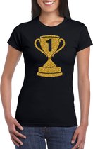 Gouden kampioens beker / nummer 1  t-shirt / kleding - zwart - voor dames - Nr.1 - kampioens shirts / winnaars / outfit L