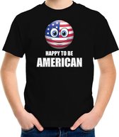 Amerika Happy to be American landen t-shirt met emoticon - zwart - kinderen -  USA landen shirt met Amerikaanse vlag - WK / Olympische spelen outfit / kleding 134/140