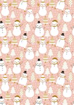 Kerst inpakpapier papier Sneeuwpop Roze- Breedte 30 cm - 200m lang