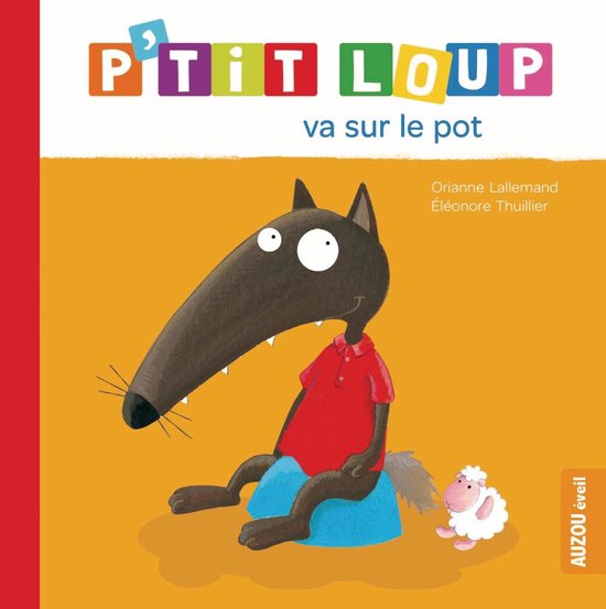 P'tit Loup, un loup marron avec un polo rouge, est assis sur un pot bleu. Un mouton regarde.