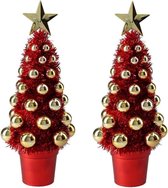 2x stuks complete mini kunst kerstboompje/kunstboompje rood/goud met kerstballen 30 cm - Kerstbomen - Kerstversiering