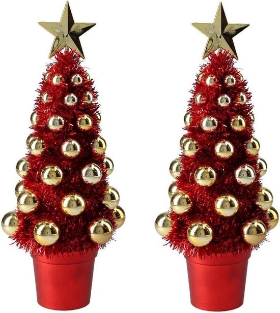 2x stuks complete mini kunst kerstboompje/kunstboompje rood/goud met  kerstballen 30 cm... | bol.com