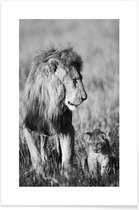 JUNIQE - Poster Lion Teaching His Cub -30x45 /Grijs & Zwart