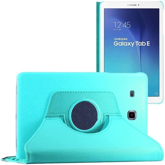 Turquoise tablethoes voor Samsung Galaxy Tab E 9.6, met 360 graden draaifunctie.