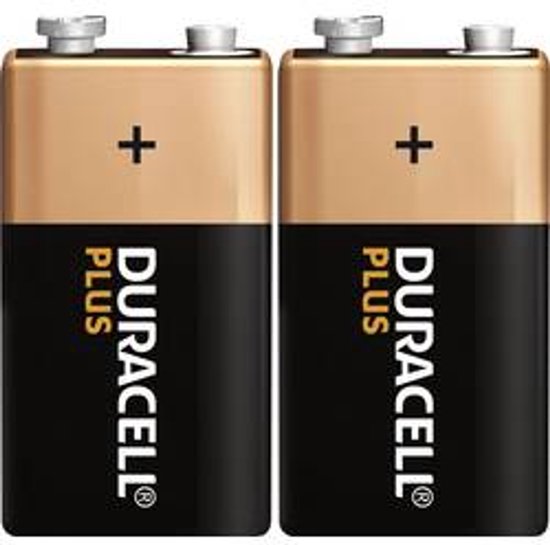 Twee Duracell Plus 9V batterijen, gouden bovenkant met plus-teken, zwarte onderkant met logo.