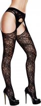 Baci - Kanten Panty Met Jarretel Look - Curvy - Queen Size (46 - 52) - Zwart - Sexy Lingerie & Kleding - Curvy Collecties -  Dames Lingerie - Kousen