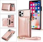 Portemonnee-tas met vierkante rits TPU + PU-achterklep met houder & kaartsleuven & portemonnee & cross-body riem voor iPhone 11 Pro Max (Rose Glod)