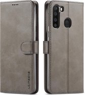 Voor Galaxy A21 LC.IMEEKE kalfsleer Horizontale flip lederen tas, met houder & kaartsleuven & portemonnee & fotolijst (grijs)