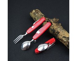 Buitenservies Roestvrijstalen lepel / vork / mes / flesopener 4 in 1 multifunctionele opvouwbare bestekset Buitenservies Roestvrijstalen lepel / vork / mes / flesopener 4 in 1 multifunctionele opvouwbare bestekset