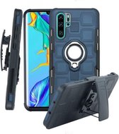 Voor Huawei P30 Pro 3 in 1 Cube PC + TPU beschermhoes met 360 graden draaien zilveren ringhouder (marineblauw)