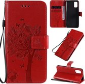 Voor Samsung Galaxy A41 Tree & Cat reliÃ«fpatroon Horizontale flip lederen tas met houder & kaartsleuven & portemonnee & lanyard (rood)