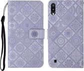 Voor Samsung Galaxy A10 / M10 etnische stijl reliëf patroon horizontale flip lederen tas met houder & kaartsleuven & portemonnee & lanyard (paars)
