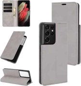 Voor Samsung Galaxy S21 Ultra 5G Retro-skin Business magnetische zuignap lederen tas met houder & kaartsleuven & portemonnee (grijs)