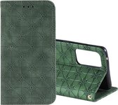 Voor Samsung Galaxy A52 5G geluksbloemen reliëfpatroon magnetische horizontale flip lederen tas met houder en kaartsleuven (donkergroen)