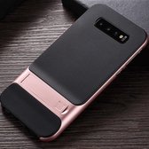 Voor Galaxy S10 5G geruite textuur antislip TPU + pc-hoes met houder (rosÃ©goud)