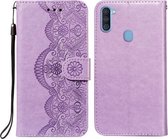 Voor Samsung Galaxy A11 / M11 Flower Vine Embossing Pattern Horizontale Flip Leather Case met Card Slot & Holder & Wallet & Lanyard (Purple)
