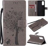 Voor Samsung Galaxy S20 FE 5G / S20 Lite Tree & Cat Pattern Pressed Printing Horizontale Flip PU lederen tas met houder & kaartsleuven & portemonnee & lanyard (grijs)