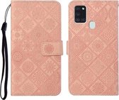 Voor Samsung Galaxy A21s etnische stijl reliëf patroon horizontale flip lederen tas met houder & kaartsleuven & portemonnee & lanyard (roze)