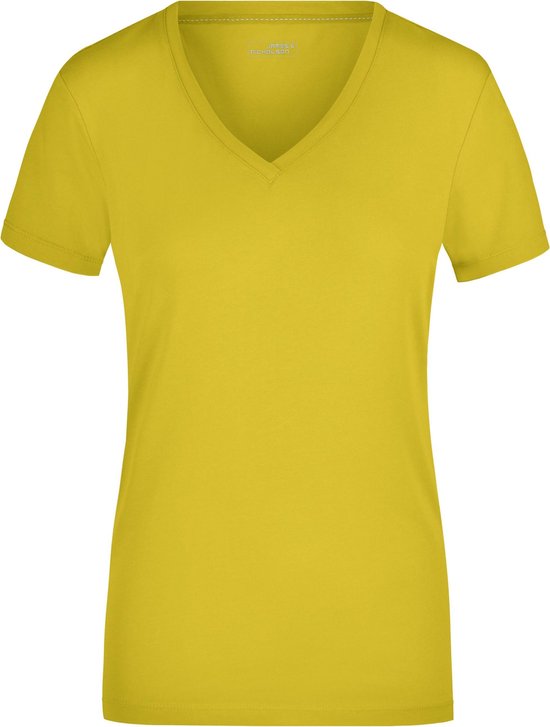 T-shirt extensible jaune pour femme à col en V S
