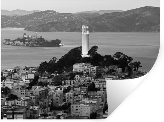 Muurstickers - Sticker Folie - San Francisco met Alcatraz in de achtergrond in Zwart-Wit - 80x60 cm - Plakfolie - Muurstickers Kinderkamer - Zelfklevend Behang