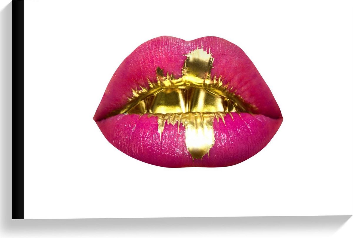 Canvas - Gouden Verf op Roze Lip - 60x40cm Foto op Canvas Schilderij (Wanddecoratie op Canvas)