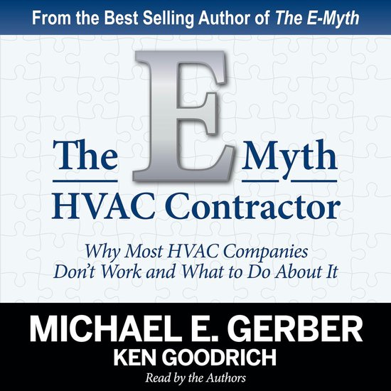 Boekcover: "The E-Myth HVAC Contractor" met grote zilveren letter E, tekst 'The Myth HVAC Contractor' en ondertitel "Why Most HVAC Companies Don't Work and What to Do About It".