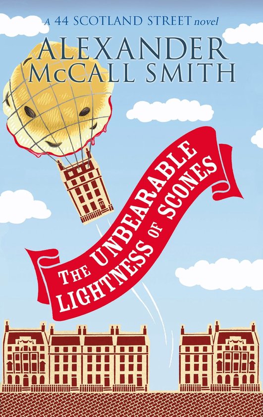 Boekcover van "The Unbearable Lightness of Scones" door Alexander McCall Smith, met een heteluchtballon in de vorm van een scone en gebouwen.