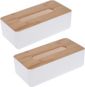 2x stuks tissuedoos/tissuebox rechthoekig van kunststof met bovenkant van bamboe hout 26 x 13 cm wit