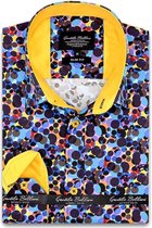 Heren Overhemd - Slim Fit - Colored Circles Satijn - Blauw - Maat XL