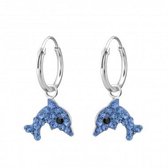 Oorbellen meisje | Zilveren kinderoorbellen | Zilveren oorringen met hanger, dolfijn met blauwe kristallen