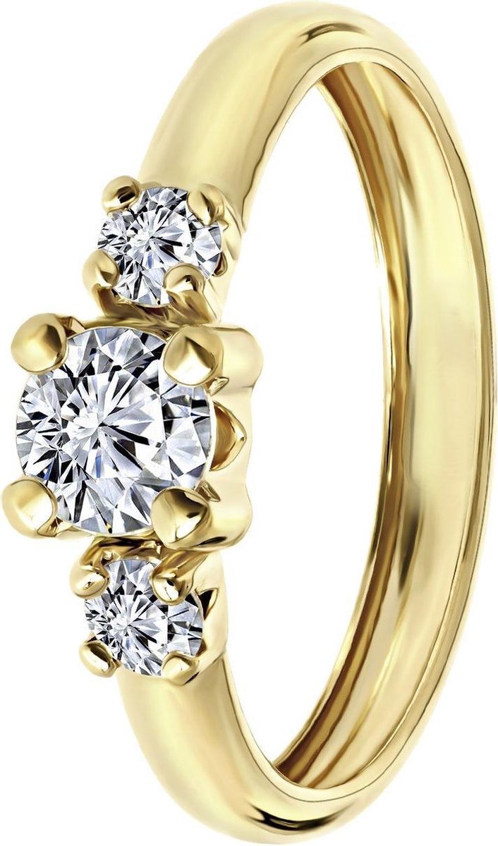 Lucardi Dames Ring met 3 zirkonia stenen - Ring - Cadeau - 9 Karaat - Geelgoud
