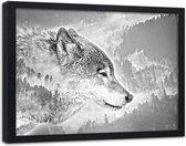 Foto in frame , Grijze wolf  ,120x80cm , zwart wit , wanddecoratie , Premium print