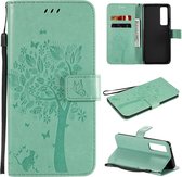 Voor Huawei Nova 7 Pro Tree & Cat reliÃ«fpatroon Horizontale flip lederen tas met houder & kaartsleuven & portemonnee & lanyard (groen)