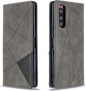 Voor Sony Xperia 5 / XZ5 ruit textuur horizontale flip magnetische lederen tas met houder en kaartsleuven (grijs)